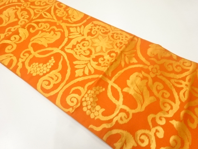 JAPANESE KIMONO / ANTIQUE FUKURO OBI / SILK / WOVEN GRAPE ARABESQUE & FLOWER